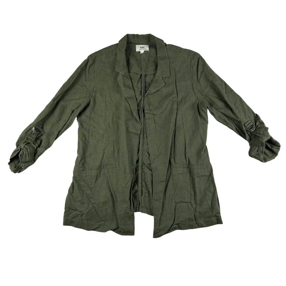 HAVE Jacket Womens Large Green Linen Blend Open Front Roll Tab Sleeves D Ring